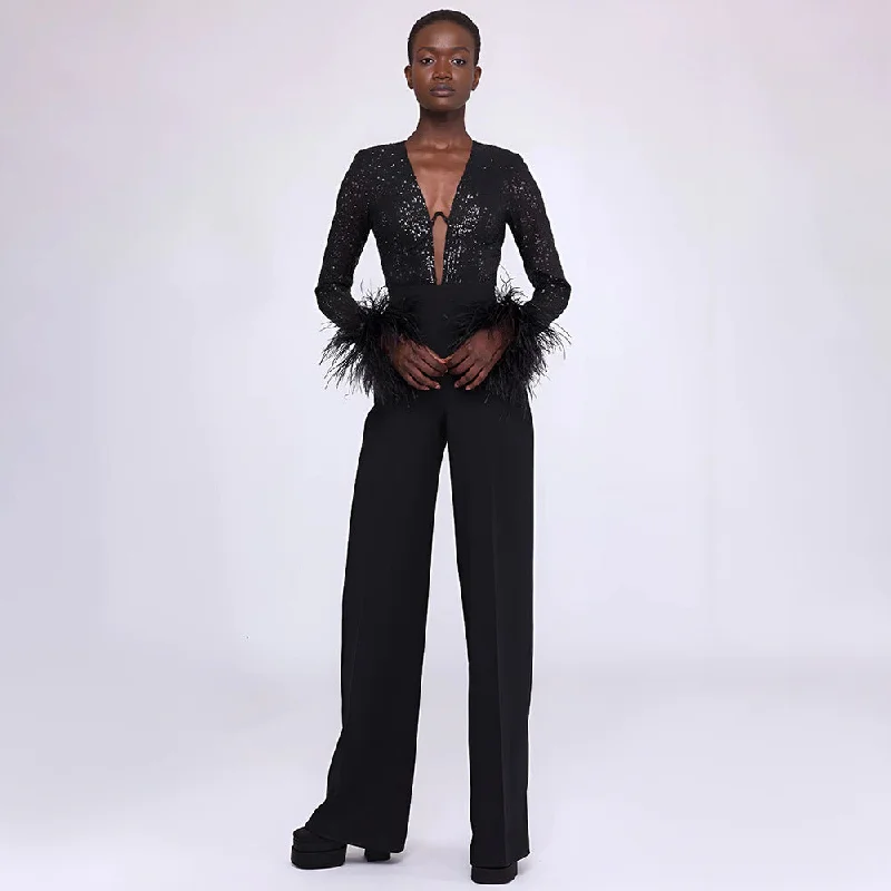 Modern Women's Wardrobe Essentials IKEARLAX 2025 women's clothing early autumn new popular black long-sleeved beaded feather jumpsuit women's New thin jumpsuit