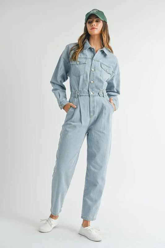 Best Online Clothing Boutiques Tell Me About It Cinched Waist Denim Jumpsuit