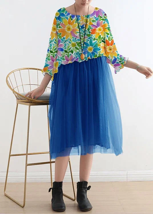 Fashion Forward Femme 2024 blue flower Tull Maxi dresses patchwork chiffon Summer Dresses