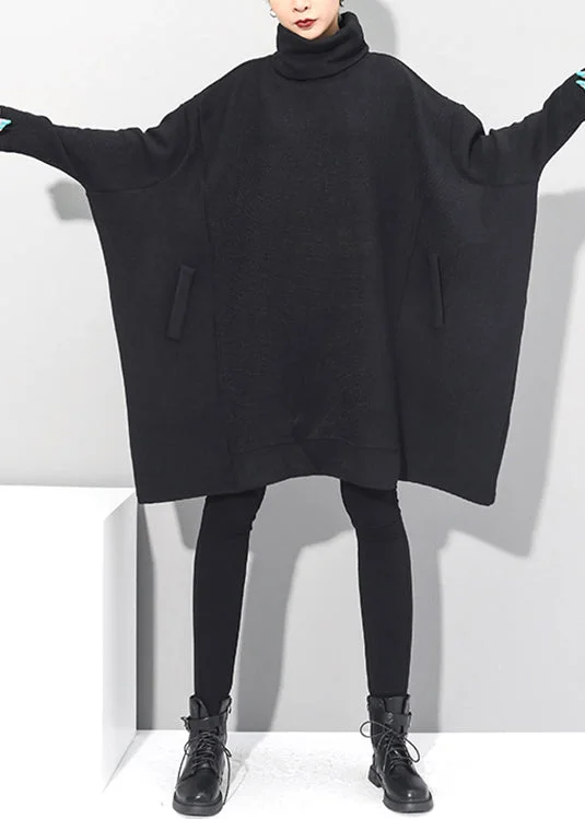 Sophisticated Women's Fashion Casual Black Turtleneck Knit Mid Dresses Batwing Sleeve