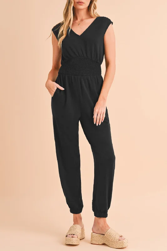 Casual Chic Clothing Black Shirred High Waist V Neck Sleeveless Jumpsuit