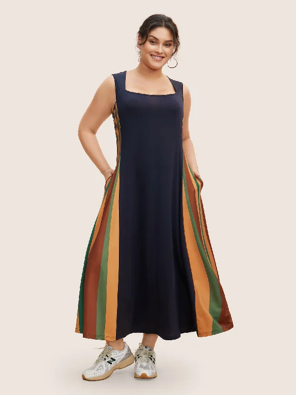 Women Clothing Square Neck Patchwork Striped Maxi Dress