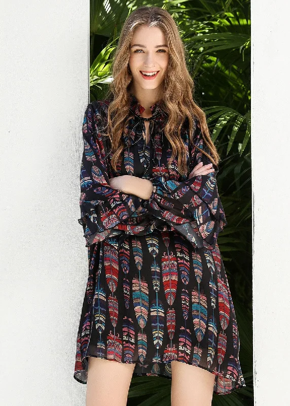 High-End Women's Apparel Women Black Stand Collar Lace Up Print Chiffon Dress Butterfly Sleeve