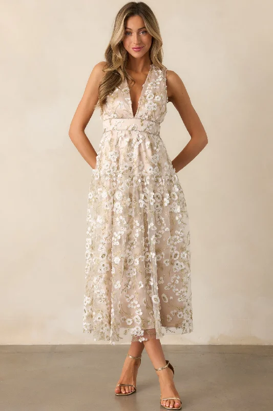 Dive Into Trendy Styles Celebrate With Me Champagne Embroidered Midi Dress