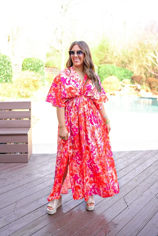 Premium Fabrics Orange Florals Chic Maxi Dress