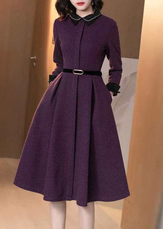 Step Ahead, Lead The Trend Elegant Purple Peter Pan Collar Patchwork Cotton Cinch Dress Long Sleeve