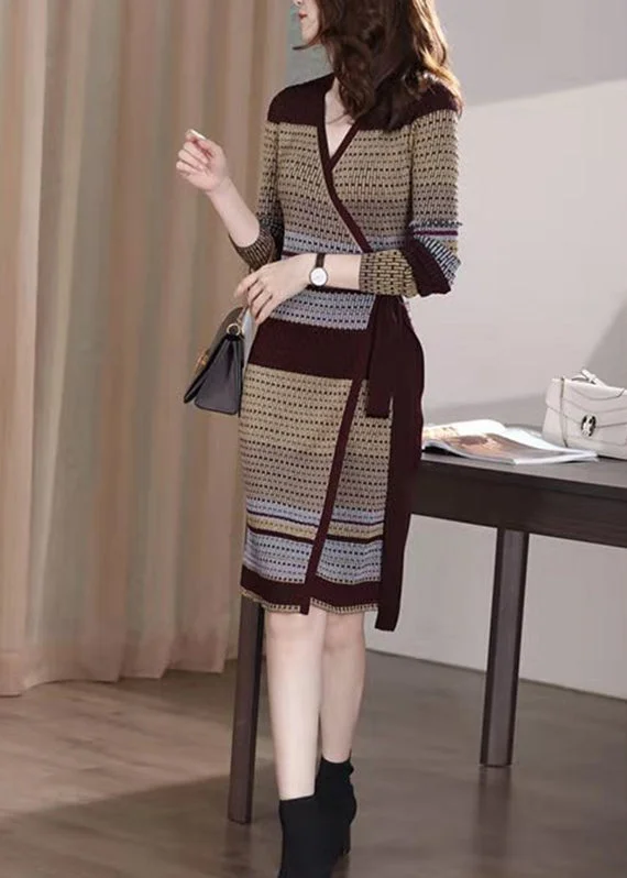 Runway Inspired Wear Slim Fit V Neck Print Tie Waist Knit Mid Dresses Long Sleeve