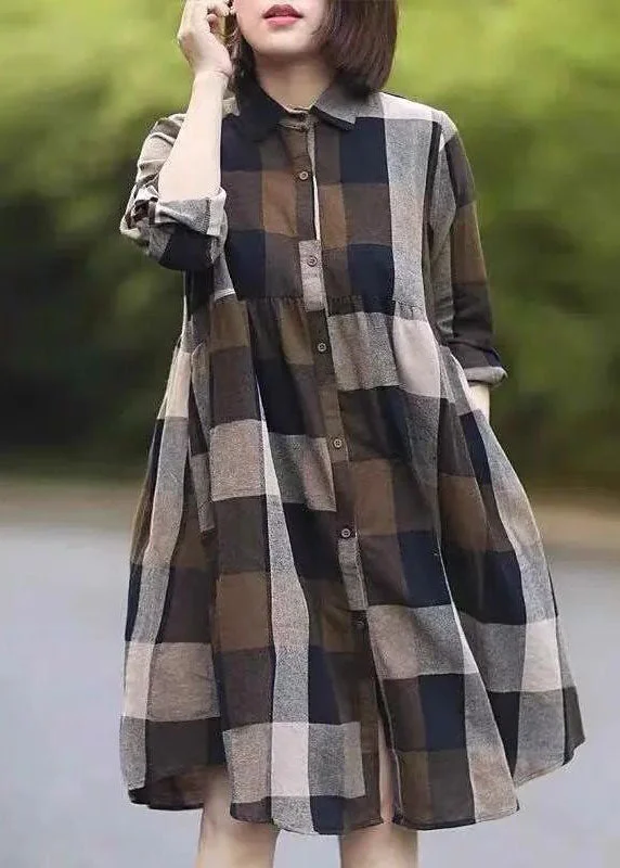 Best Sellers Classy Colorblock Peter Pan Collar Plaid Cotton Shirts Dress Spring