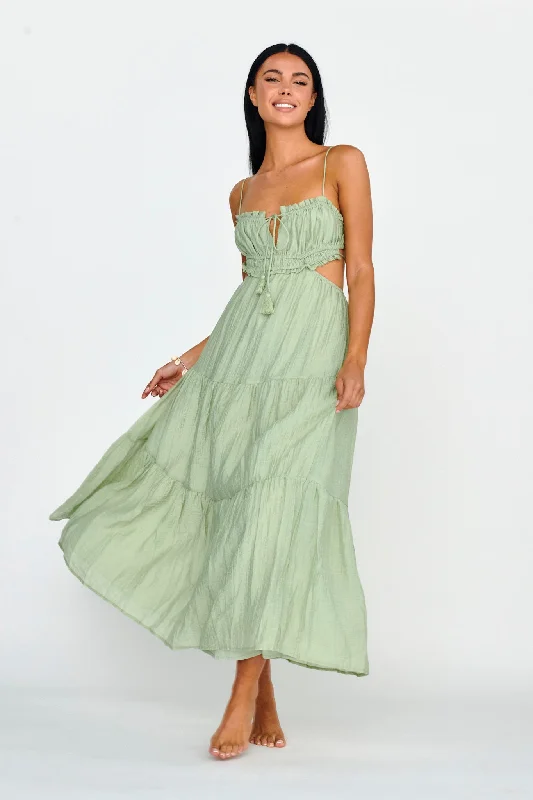 Women Online Clothing Boutiques Eyona Cut-Out Waist Tie Maxi Dress Sage