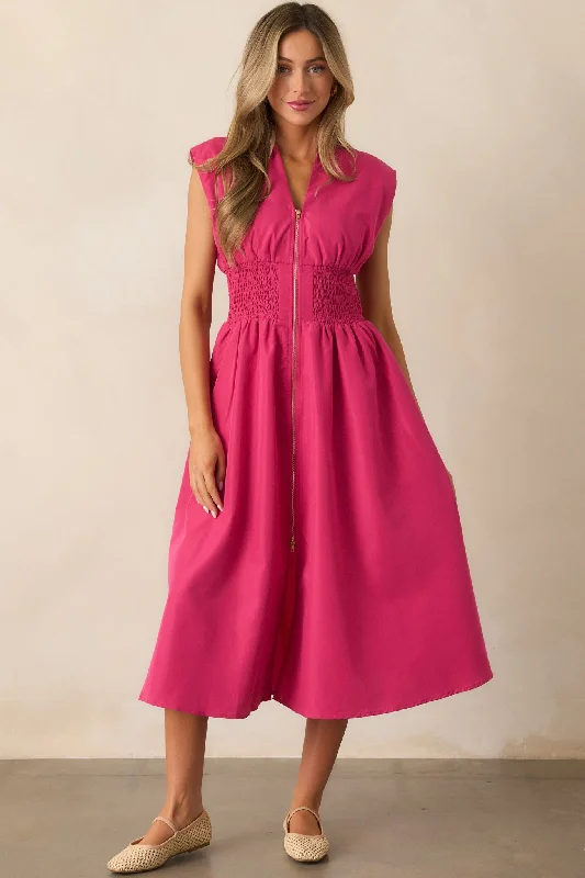 Stylish Loungewear for Women The Evette Magenta Pink Zip Front Midi Dress