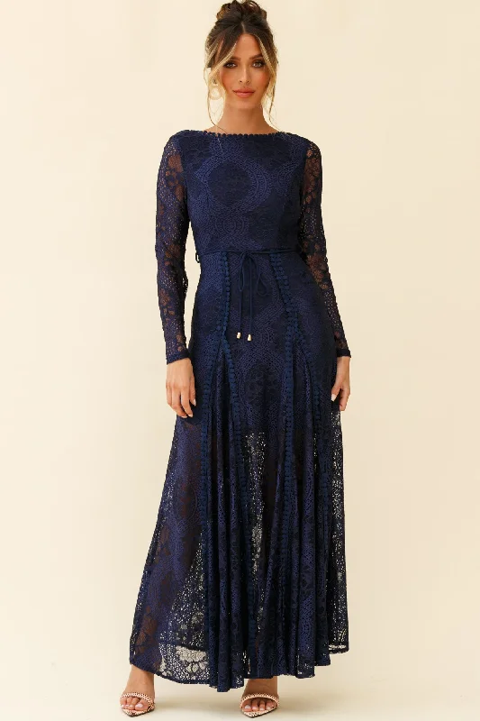 Women Wear Online Palm Springs Long Sleeve Lace Overlay Maxi Dress Navy