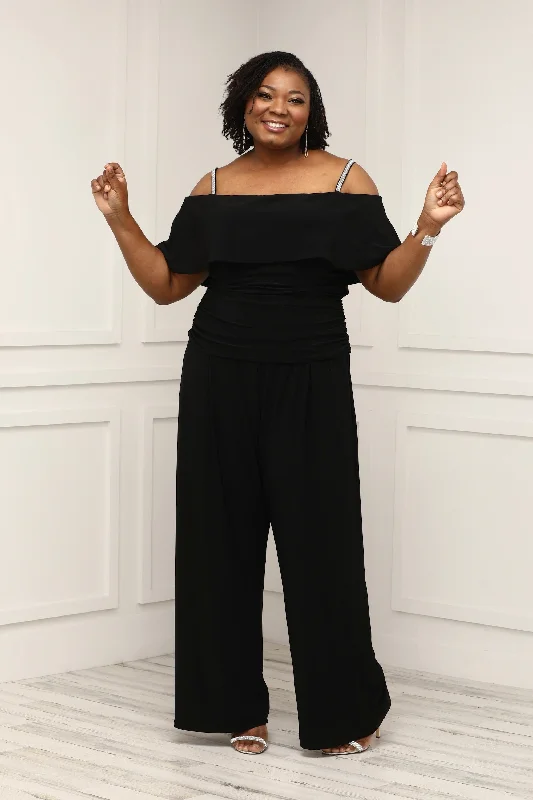 Enjoy Discount Women's Plus Size Cold Shoulder Ruched Waist Jumpsuit - Wedding Guest Outfit