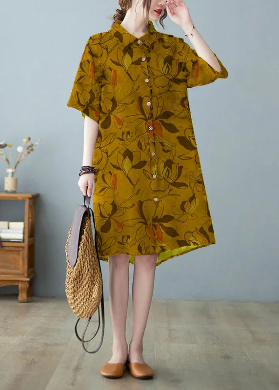 Fashion Forward Modern Yellow Button Stand Collar Floral Print Party Dress Half Sleeve