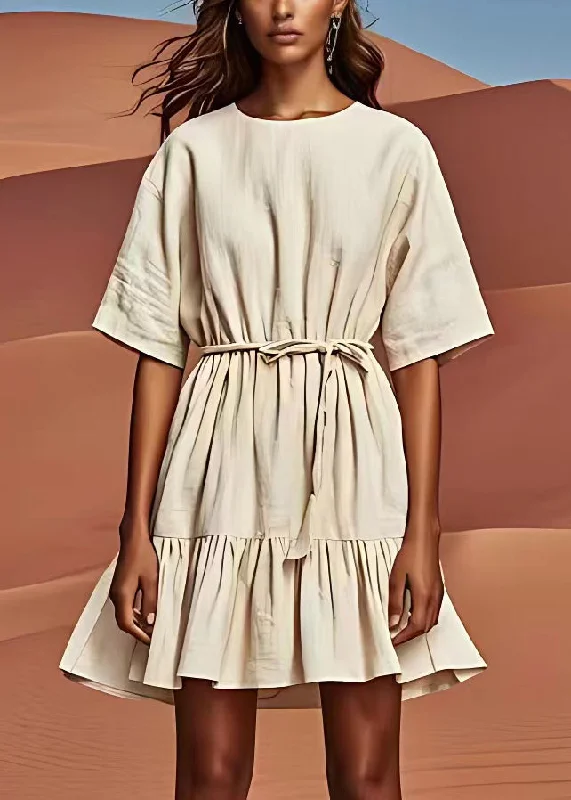 Graceful Fashion Stylish White O Neck Wrinkled Tie Waist Linen Dresses Summer