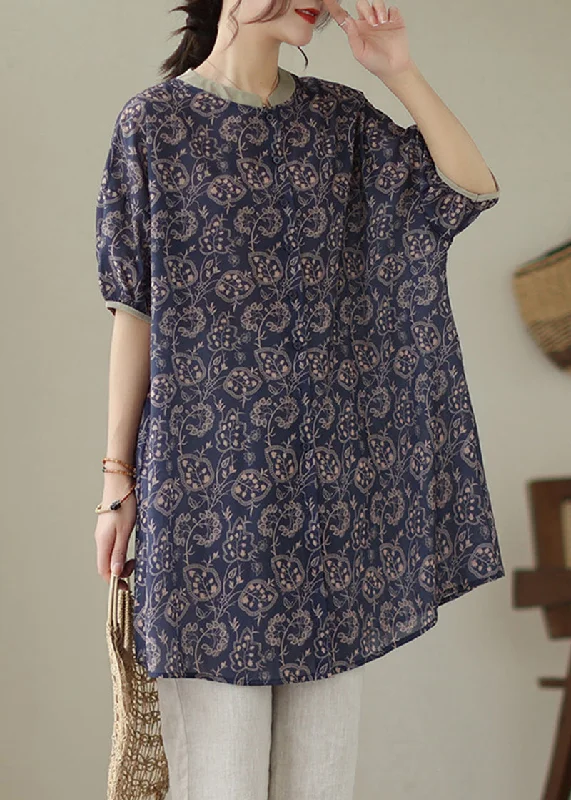 Online Boutiques Best Navy Patchwork Linen Shirt Dress Oversized Print Summer