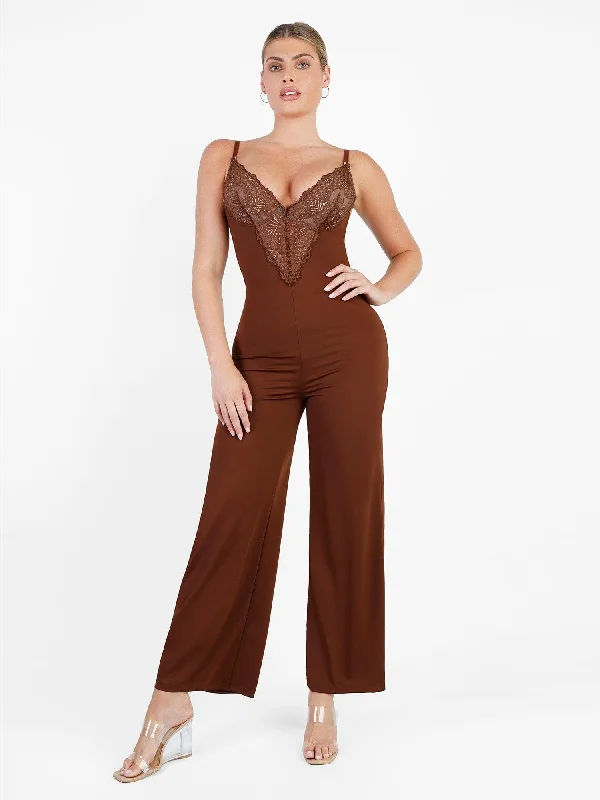 Flash Discount Shapewear Lace Deep V-Neck Sculpting Wide Leg Jumpsuit