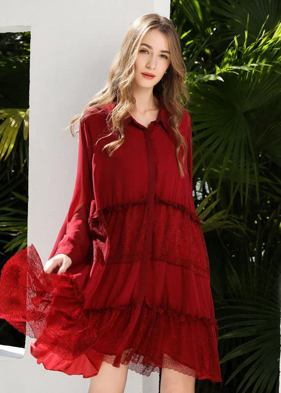 High-Quality Women's Fashion Dresses Red Patchwork Lace Chiffon Shirt Dress Ruffled Exra Large Hem Spring