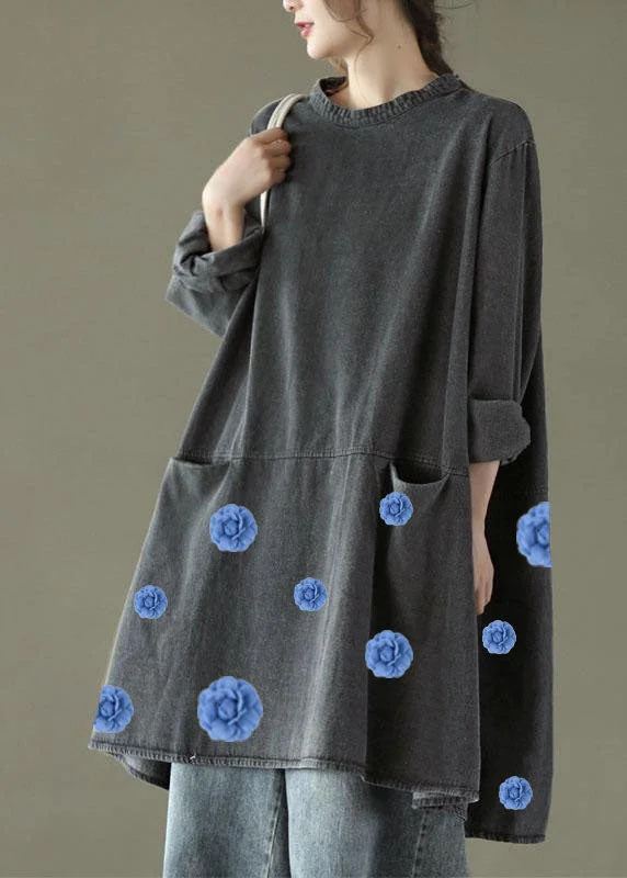 Designer Women's Fashion Online Boho Black Grey-blue flower O-Neck Pockets Denim Long Dresses Long Sleeve