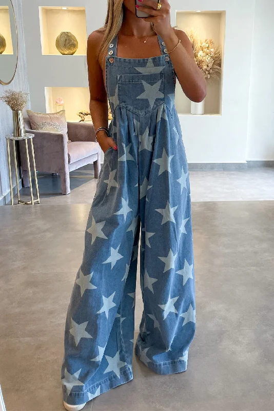 Huge Discounts This Week White Star Print Button Strap Pleated Wide Leg Denim Overall