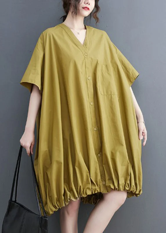 Limited Stock, Big Discounts Stylish Yellow V Neck Drawstring Mid Dress Summer