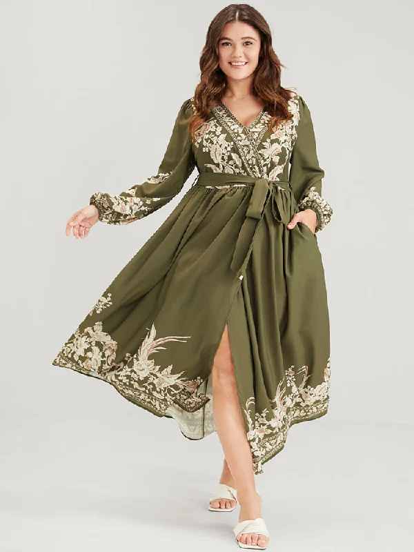 Flash Sale, Don't Miss Floral Button Split Lantern Sleeve Belted Pocket Wrap Dress