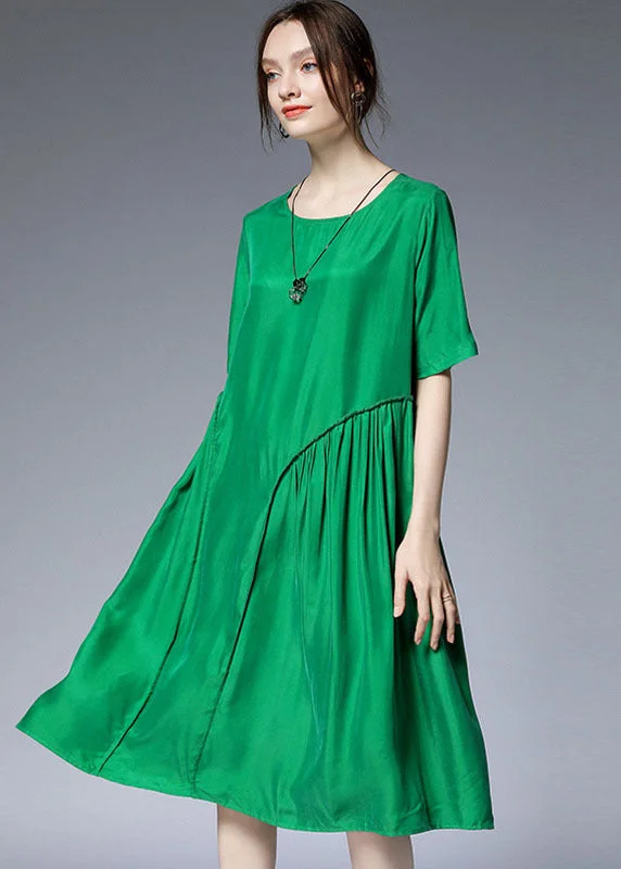 Casual Dresses for Women Chic Green O-Neck Asymmetrical Silk Holiday Dresses Short Sleeve