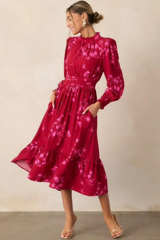 Workwear Fashion for Women Flower Shop Stop Cherry Pink Floral Long Sleeve Midi Dress