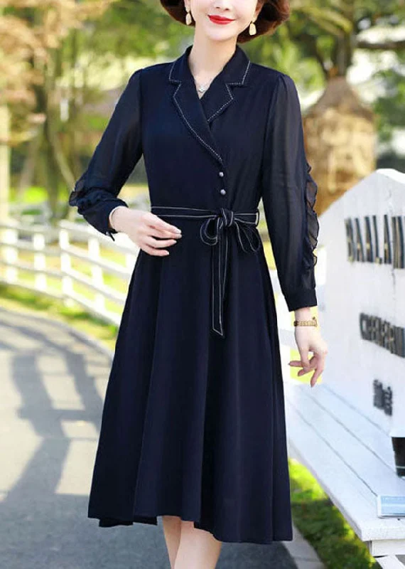 Trendy Pulse Fitted Navy Peter Pan Collar Patchwork Ruffles Chiffon Cinch Dresses Long Sleeve