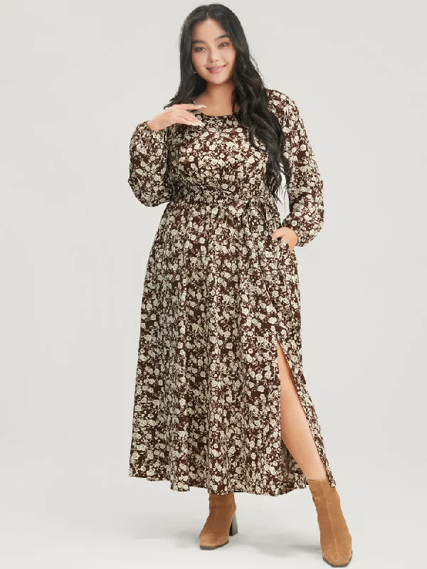 Trendy Casual Outfits Floral Pocket Lantern Sleeve Belted Split Hem Dress