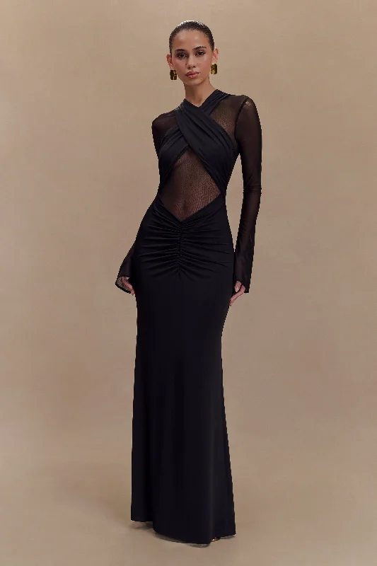 Best Online Boutiques Tania Slinky And Mesh Long Sleeve Maxi Dress - Black