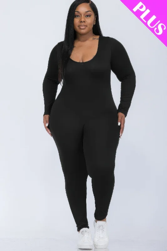 Trendy Urban Attire Plus Size Scoop Neck Long Sleeve Bodycon Jumpsuit