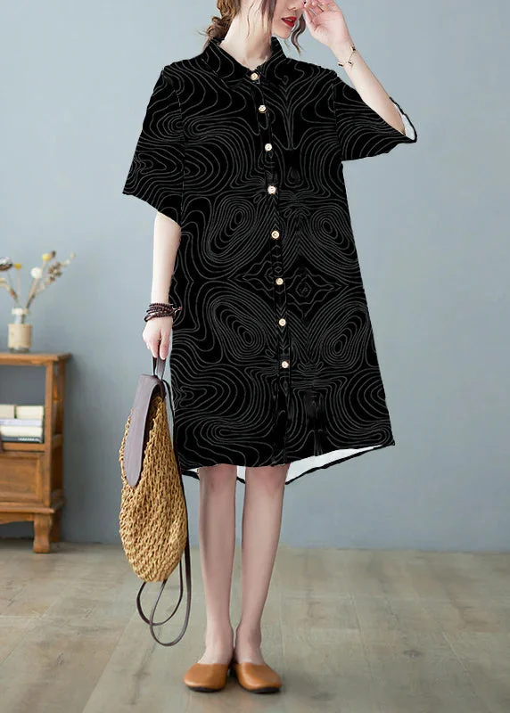 Seasonal Sale Modern Black Button Stand Collar Floral Print Party Dress Half Sleeve