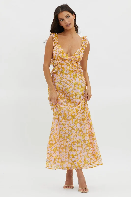 Top 10 Women's Online Clothing Stores Second Chances Ruffle Trim Maxi Dress Flowers Yellow