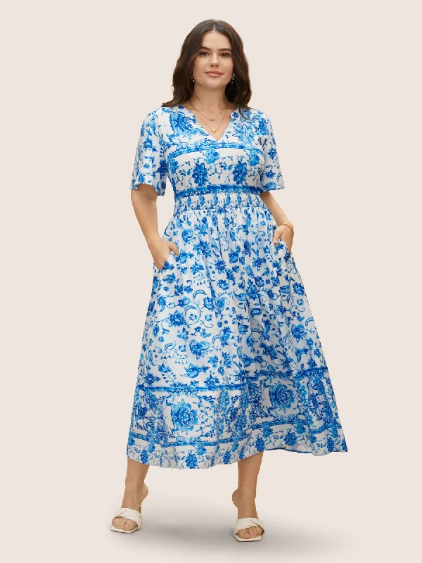 Casual Fashion Notched Collar Boho Print Shirred Dress