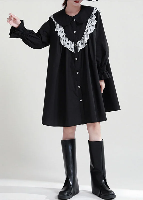 Hot Styles Italian Black Ruffled Patchwork Cotton Shirt Dresses Fall