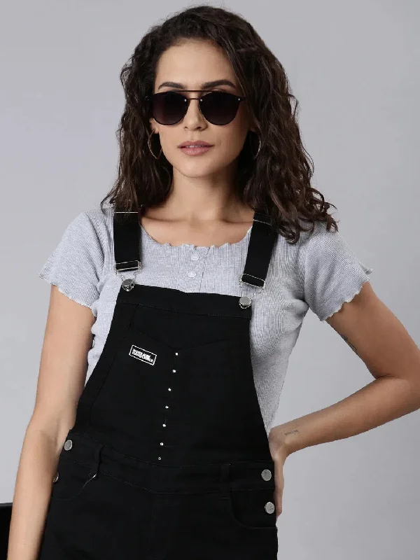 Travel Essentials Women Black Solid Dungaree-LT-DS-7115-Black