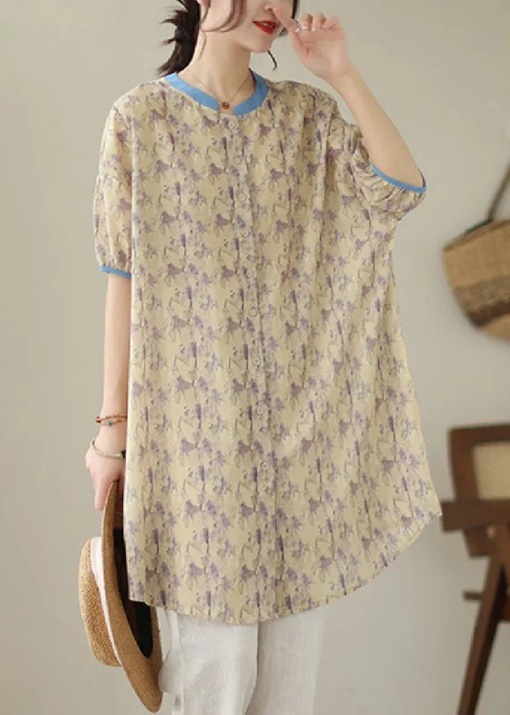 Casual Fashion Women Khaki Oversized Print Linen Shirt Dress Summer