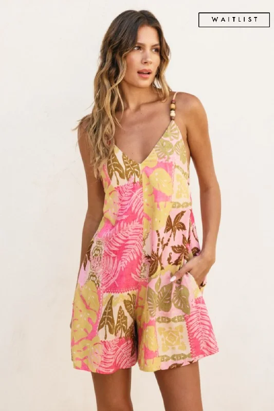 Cutting Edge Fashion Waitlist 2/5 ♥ Brittany Sleeveless Back Tie Tropical Patch Print Romper Pink