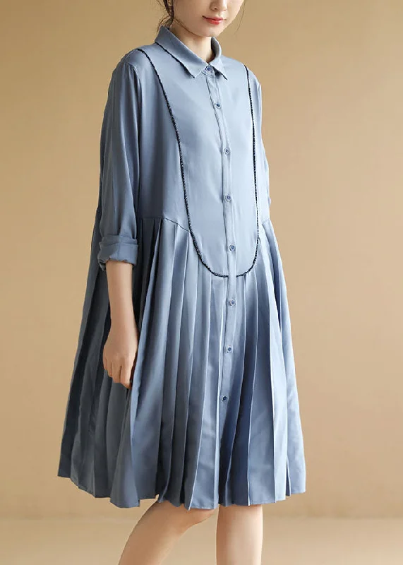 Clothing Sale Boutique Light Blue Peter Pan Collar Chiffon Pleated Dress Long Sleeve