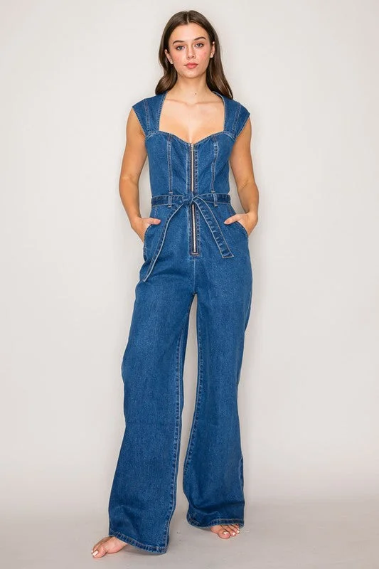 Trendy Women's Dresses Online Trinity Sleeveless Waist Tie Wide Leg Denim Jumpsuit Dark Wash