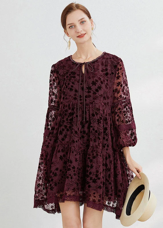 Modern Casual Clothing Boho Mulberry O-Neck Lace Up Silk Velour Mid Dress Long Sleeve