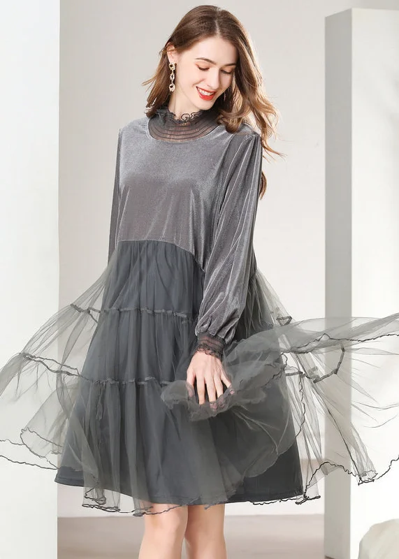 Workwear Fashion for Women Grey Patchwork Silk Velour Holiday Dresses Oversized High Neck Spring