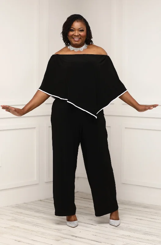 Premium Fashion MSK Plus Size Womens Off Shoulder Trimmed Overlay Jumpsuit