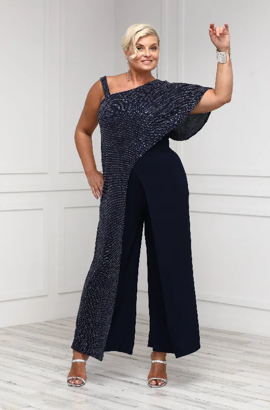 Women Clothes Women's Sequin Overlay Draped Shoulder Formal Jumpsuit - Mother of the Bride Jumpsuit