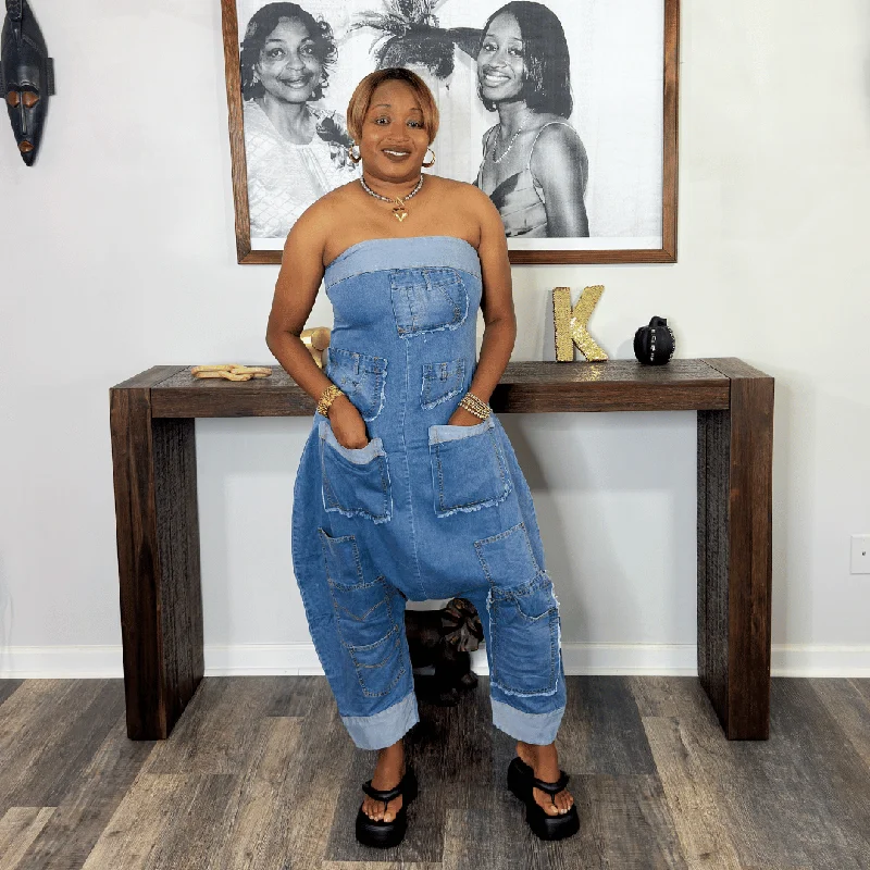 Women's High Street Fashion 'Bleu' Denim Patchwork Bandeau Jumpsuit