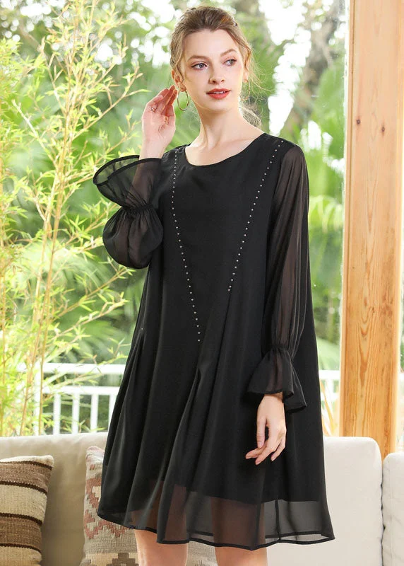 Limited Edition Women Black O-Neck Chiffon A Line Dress Lantern Sleeve