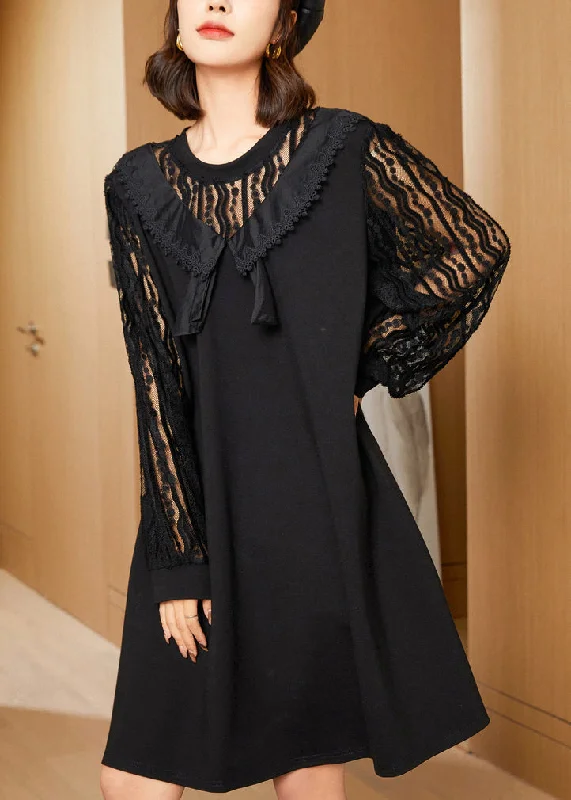 Style Redefined Elegant Black Oversized Lace Patchwork Hollow Out Spandex Dress Spring