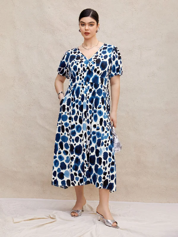 Budget-Friendly Fashion Watercolor Polka Dot Wrap Lantern Sleeve Dress