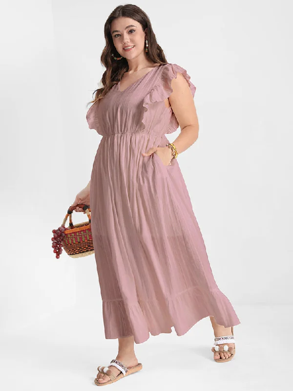 Casual Dresses for Women Solid V Neck Ruffles Split Pocket Maxi Dress