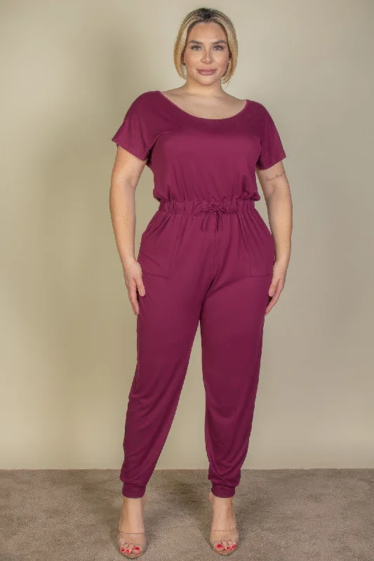 Clothes Women Plus Size Solid Drawstring Short Sleeve Jumpsuit